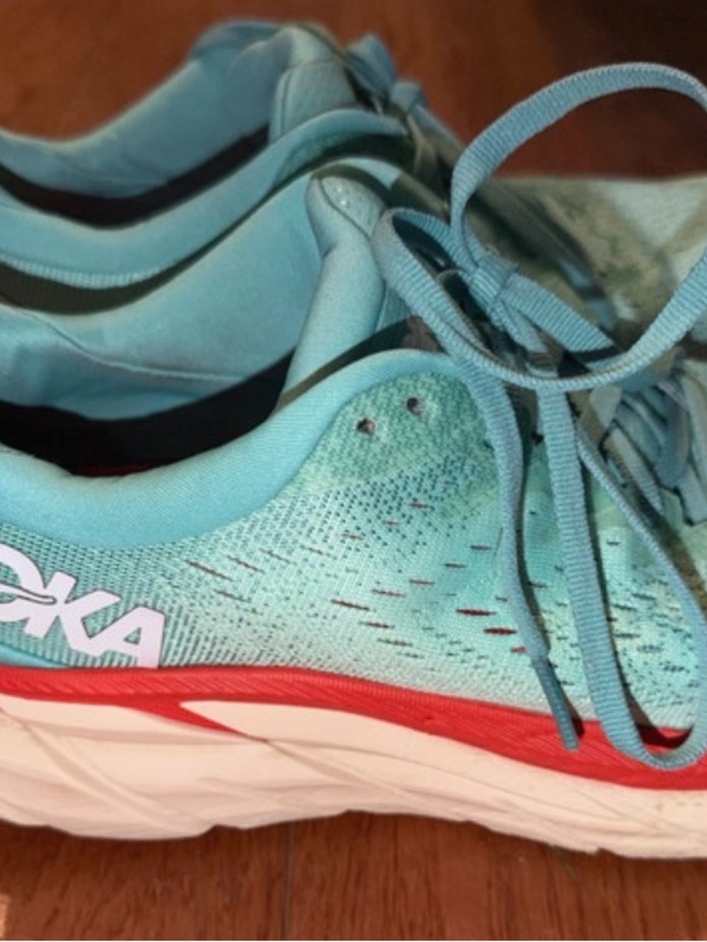 Hoka Clifton 8 Teal and Coral Cushioning Running Shoes